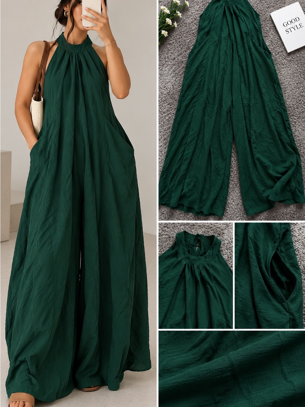 Women's Halter Wide-Leg Jumpsuit - Forest Green